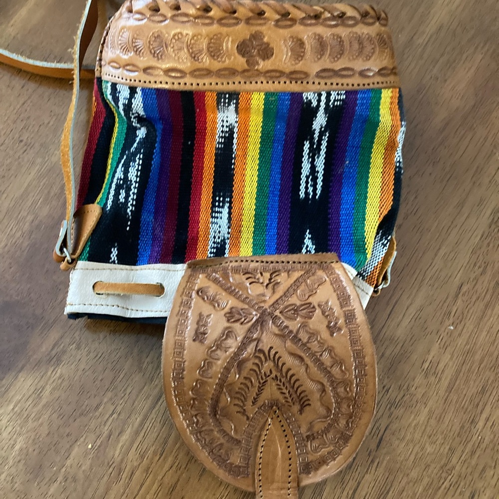 Handmade Leather Stamped Rainbow Fabric Panama Drawtie Bag